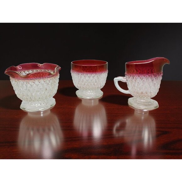 vintage 1960s indiana glass diamond point sugar creamer and condiment bowl - Picture 2 of 9